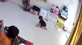 Energetic pet cat leaps over baby as he crawls across living room floor