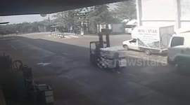 Woman survives being run over by forklift TWICE outside shop