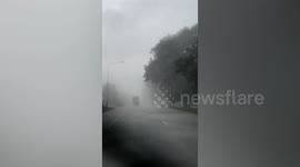 Tree branch falls into road in front of drivers during rainstorm