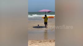 Doting father holds umbrella over baby as she crawls on sandy beach