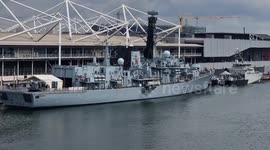 Naval vessels seen outside the ExCel centre on first day of DSEI arms fair