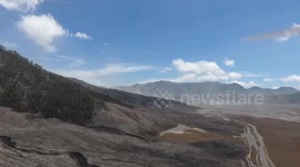 Footage drone Savana Bromo, East Java, Indonesia after fire caused by prewedding photoshoot using flare.