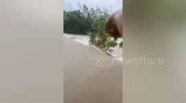 Motorcycle rider washed away by swollen river clings on bamboo trees as rescuers save him