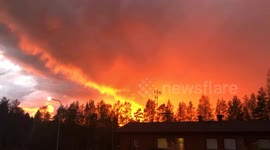 Beautiful sunset paints the sky red in Sonkajärvi, Finland.