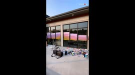 Artist paints an astonishing sunset-landscape mural on the classroom window *Mural Art*