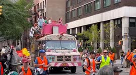 Party Bus Closes March to End Fossil Fuels in New York, NY, USA