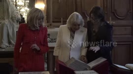 Queen visits National Library with Brigitte Macron in Paris, France