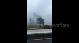 Truck erupts into raging flames on Chinese highway due to tyre explosion
