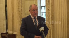 Simon Hoare speaks to reporters on Simon Byrne redignation from PSNI in Belfast, UK