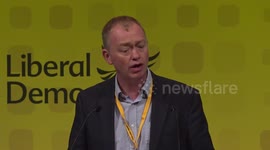Former party leader Tim Farron speaks at first day of Lib Dem conference in Bournemouth, UK