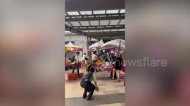 Shopkeepers hold onto umbrellas and tents as freak gust batter market