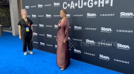 Renee Bargh nearly suffers wardrobe malfunction on the red carpet at the global premiere of the Stan Original Series C*A*U*G*H*T in Sydney, Australia