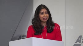 Suella Braverman delivers a speech at the American Enterprise Institute in Washington DC, USA