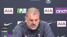 Ange Postecoglou talks to the media previewing Tottenham vs Liverpool match