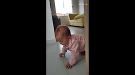 Cute 8-month-old baby crawls after an insect on floor, trying to pick it up
