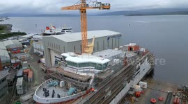 Aerial footage of MV Glen Rosa ferry under construction at Ferguson Marine shipyard, Port Glasgow, Scotland, UK