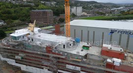 Aerial footage of MV Glen Rosa ferry under construction at Ferguson Marine shipyard, Port Glasgow, Scotland, UK