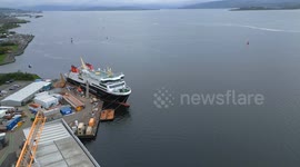 Aerial footage of MV Glen Rosa and Glen Sannox ferries under construction at Ferguson Marine shipyard, Port Glasgow, Scotland, UK