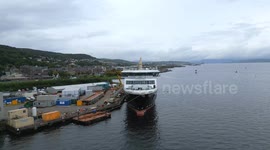 Aerial footage of MV Glen Sannox ferry under construction at Ferguson Marine shipyard, Port Glasgow, Scotland, UK