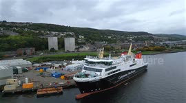 Aerial footage of MV Glen Sannox ferry under construction at Ferguson Marine shipyard, Port Glasgow, Scotland, UK