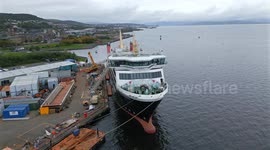 Aerial footage of MV Glen Sannox ferry under construction at Ferguson Marine shipyard, Port Glasgow, Scotland, UK