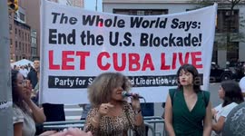People Greet President of Cuba at Rally in Solidarity with Cuba in New York, USA