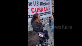 Woman Gives Speech at Rally in Solidarity with Cuba in New York, USA