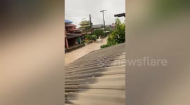 Garden jar floats down street during floods in Thailand