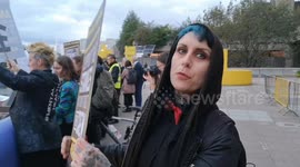 A protestor talks about the protest at the opening night of the BFI Film Festival. The Crew For Change was protesting for better conditions of film crews.