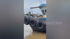 Husky rides on barge like a captain surveying the route