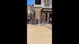 Extreme roller skater on the streets of downtown Lisbon, Portugal.