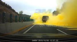 Yellow cloud engulfs highway after chemical truck overturns in China