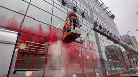 Pro-Palestinian activists spray ex newspaper headquarters with ‘blood red’ paint