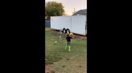 Kid plays tetherball with tame kangaroo in Texas