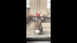 Pet dog with custom helmet sits on back of moving motorcycle