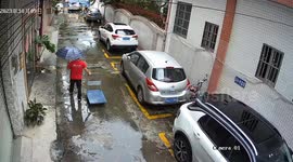 Pedestrian steps over plant but falls into oncoming car in China
