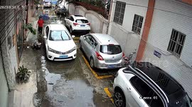 Chinese woman falls into path of oncoming car after trying to duck plant