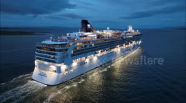 Beautiful Cruise Ship With Lights Sailing At Dawn By Drone - Largest Ship Ever At Our Location