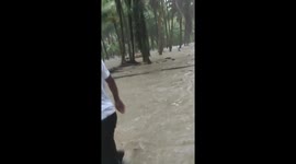 Students run across raging flood to save classmate's motorbike