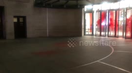 Red blood-like paint splattered on BBC HQ - following a visit from a vandal in the early hours