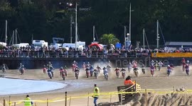 Hundreds of motorbike riders take part in the annual Weymouth Beach Motocross in Dorset, UK.