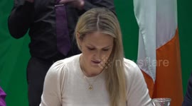 Helen McEntee and James Browne talks to the media the day after the 2023 Budget for Ireland in Dublin, Ireland