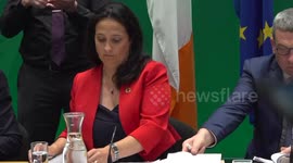 Irish Media Minister Catherine Martin speaks to press in Dublin, Ireland