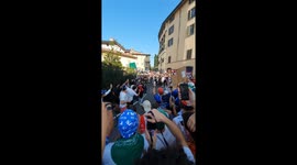 Thibaut Pinot show with the fans in Bergamo during his last race as a professional bike rider