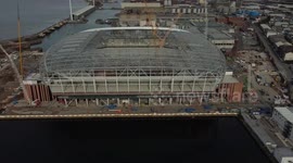 Drone shots of Everton's new stadium under construction in Liverpool, UK