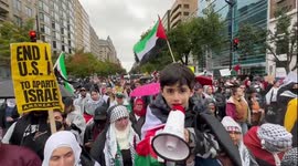 Demonstrators hold up placards as they take part in a rally in solidarity with Palestine near the White House during a Day of Action for Palestinian event in Washington, DC. Pro-Palestinian protesters gathered across the country as Israel prepares for an