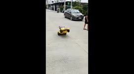 Toddler hilariously figures out how to pull wheelies on his electric car