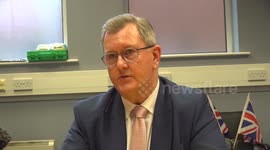 Jeffrey Donaldson speaks about funding for public services in Belfast, UK