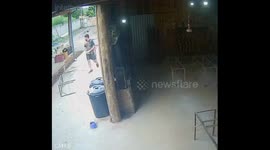 Unexpected mishap: man trips over dog bowl and takes a tumble