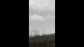 Storm Babet leads to high waves at Stonehaven Harbour in Aberdeenshire, October 2023.